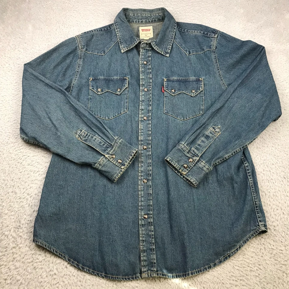 Camisa Levis Denim Western Para Hombres XL Azul Jean Perla Snap Manga Larga Chamarra Foto 1 de 4