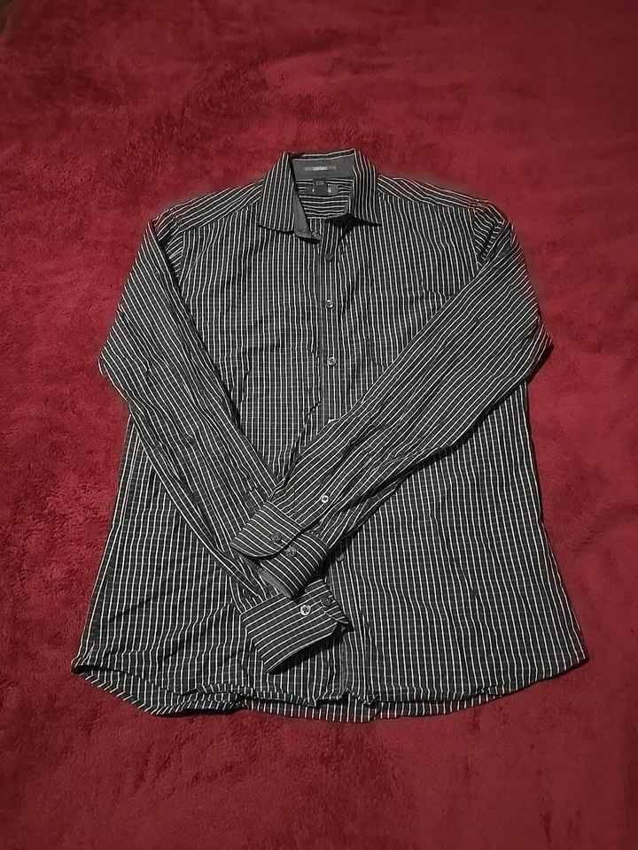 Mens Slim Fit Long Sleeve Dress Shirt Black White Stripe Size M Button Up Office - Image 1 of 4