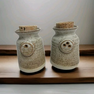 Studio Art Pottery Salt & Pepper Shakers Brown Speckled Glazed Cork Tops Signed - Picture 1 of 9