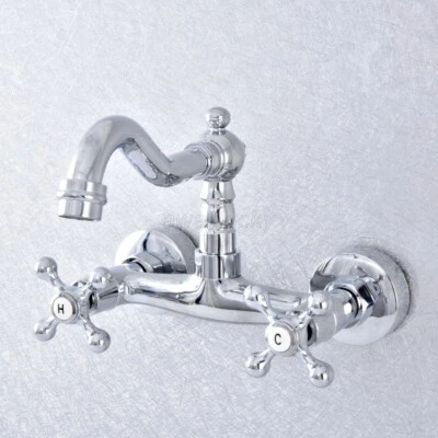 Bathroom Sink Faucet Swivel Spout Wall Mount Dual Handle Mixer Tap Chrome wsf777 - Image 1 of 4