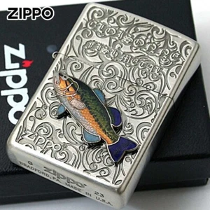 Zippo Largemouth Bass Vintage Cloisonne Metal Fish Etching Silver Lighter - Picture 1 of 5
