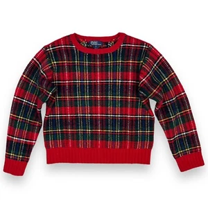 Vtg Polo Ralph Lauren Lambswool Plaid Tatan Sweater Youth Red Green Classic Sz S - Picture 1 of 4