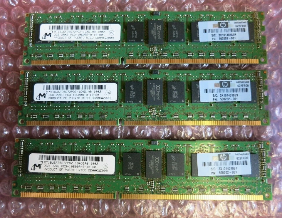 Micron MT18JSF25672PDZ-1G4D1AB 500202-061 6GB 3x2GB PC3-10600 DDR3 CL9 240P RAM - Image 1 of 4