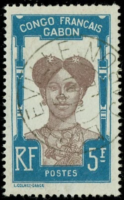 [st8058] FRENCH GABON 1910 Scott#48 used 5frs blue & choc "Fang woman" cv:$325 - Image 1 of 2