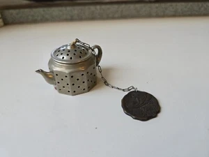 Antique 1933 Knobby Kraft Miniature Teapot Strainer Infuser & Fob World's Fair - Picture 1 of 12
