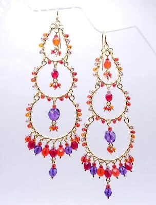 EXQUISITOS Pendientes Araña de Alambre Lleno de Oro de 3 Niveles Cristales Rojos Naranja Púrpura Foto 1 de 4