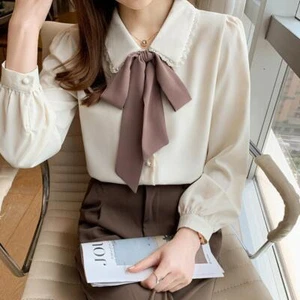Elegant Korean Women Bow Tie Chiffon Retro Casual Workwear Blouse Tops T-Shirt - Picture 1 of 10