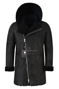 Men’s B3 Shearling Sheepskin Flying Coat Vintage Black Fur Hooded Genuine A-0 - Picture 1 of 7