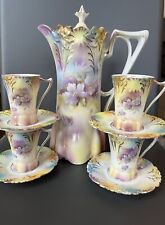 Antique Unsigned RS Prussia Chocolate Pot 4 Cups and Saucer Clementis Lily Mold
