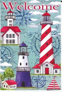 NEW EVERGREEN 12.5" x 18" 2-SIDED GARDEN FLAG COASTAL LIGHTHOUSES WELCOME - Picture 1 of 1