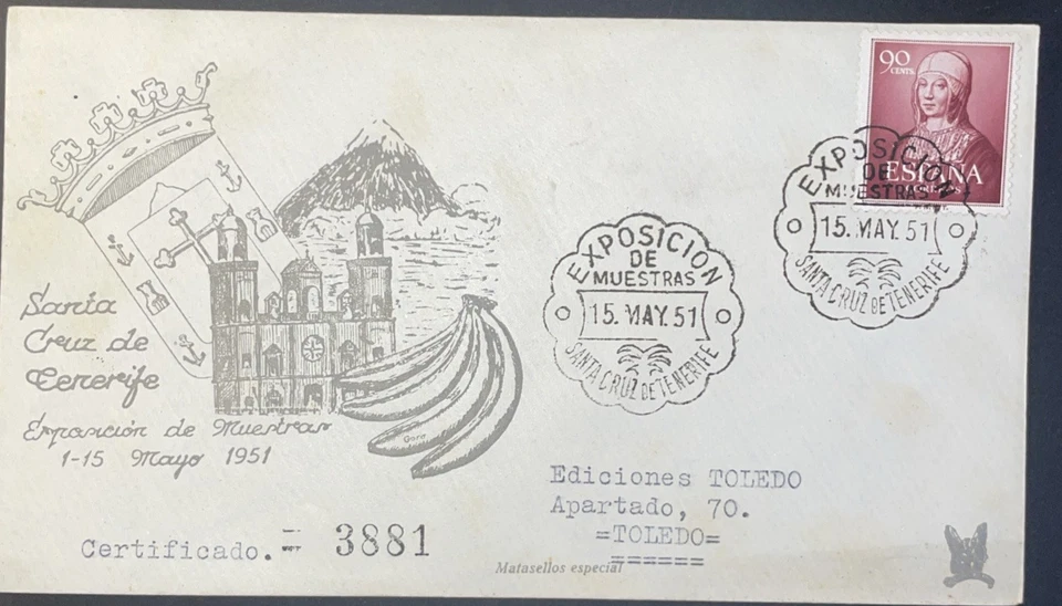 EXPOSICIÓN DE MUESTRAS SANTA CRUZ DE TENERIFE matasellos especial Certificado - Imagen 1 de 1