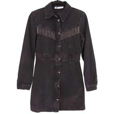 Zara Denim Mini Dress Womens Size S Black Rhinestone Fringe Embellished Western - Image 1 of 4