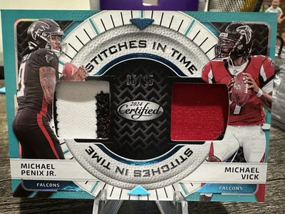2024 Panini Certified Stitches in Time Michael Penix Jr & Michael Vick Blue /15  - Image 1 of 2