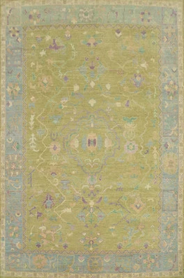 Vegetable Dye Green Oushak Turkish Rug 9x12 Ft Hand-Knotted Transitional Carpet - Image 1 of 4