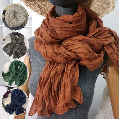 Pleated Long Scarves Solid Color Wrinkled Twisted Warm Neck Wrap Shawl Vintage ◆ - Image 1 of 4