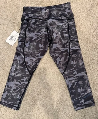 Legging Zyia Active Capri Feminina Tamanho 8-10 Cinza Preta Camuflagem Brilhante Metálica Nova Com Etiqueta - Imagem 1 de 4