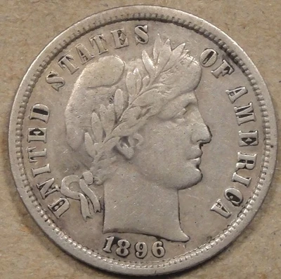 Монета номиналом 10 центов 1896 с изображением Барбера чистая оценка состояния VF L2 - Изображение 1 из 2