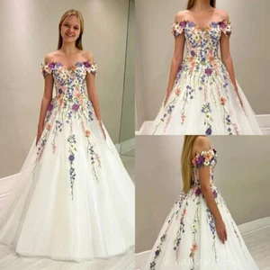 Boho A-Line Wedding Dress 3D Flower Appliqued Tulle Strapless Train Bridal Gowns - Picture 1 of 9