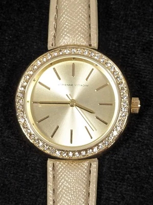Adrienne Vittadini Womens Beige Faux Leather Gold Tone Crystal Watch - Image 1 of 4