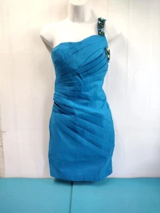 Katia One Shoulder Rhinestone Blue Party Promo Mini Dress Lined Stretch Size S - Picture 1 of 10