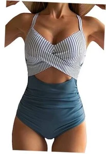 Women's One Piece Swimsuits Tummy Control Cutout High Medium Blue Striped - Picture 1 of 5