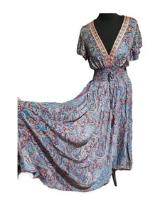 Silk Boho Hippie Pink Blue Embroidered Modest Summer Maxi Dress S Beach vintage - Picture 1 of 7