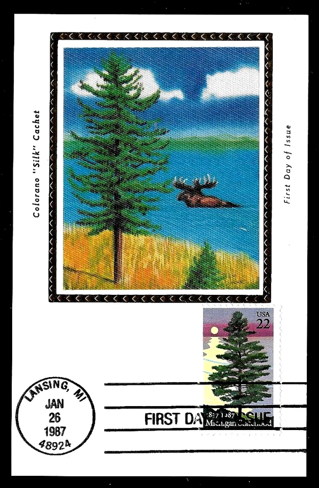 2246 22c Stamp (1987) THE MICHIGAN STATE 150 FDC BY COLORANO SILK POSTCARDS - Image 1 of 1