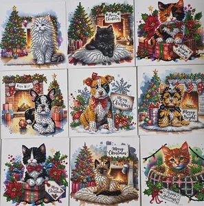 Handmade Diamond Art Christmas Cards with Cute Puppies & Kittens Size 6" by 6" - Picture 1 of 43