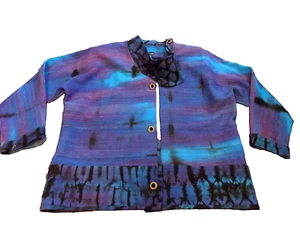 Fabulosa CHAQUETA DE COLECCIÓN GLORIA LEWIS PINTADA A MANO SEDA CRUDA ARTE Shibori Púrpura Azulada L - Imagen 1 de 17