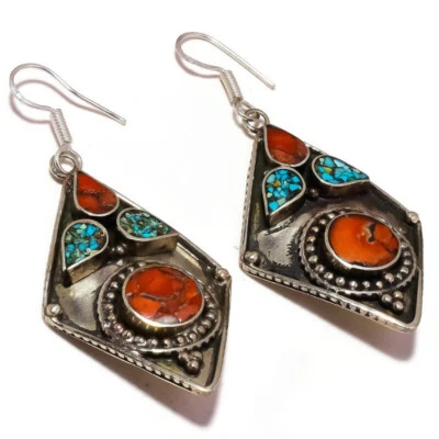 Old Tibetan Turquoise, Coral Gemstone Hand-Crafted Copper Finish Inlaid Earrings - Image 1 of 3