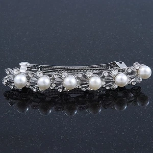 Bridal Wedding Prom Silver Tone Crystal Diamante & Simulated Pearl Barrette - Picture 1 of 4