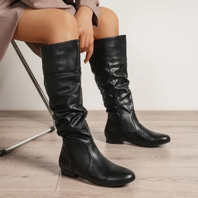 Botas hasta la rodilla forradas de piel sintética para mujer Botines con cremallera lateral de tacón bajo Foto 1 de 2