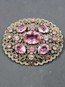 Vintage 20er-30er Jahre Art Deco Tschechische goldfarbene filigrane rosa Strass Blumen Brosche,... - Bild 1 von 14