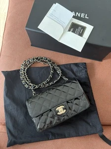 Black Patent Leather Timeless Rectangular Mini with gold hardware - Picture 1 of 11