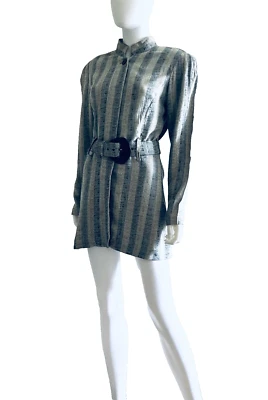 Mini Vestido De Colección Barbara Barbara Gris Rayas, Túnica, Cuello Nehru, Cinturón Original, 8 Foto 1 de 4