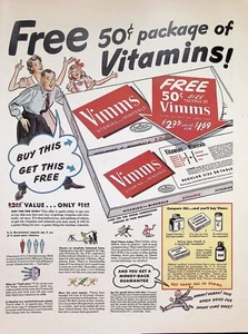 ANNUNCIO STAMPA VINTAGE ANNI '40 ~ Vitamine e minerali Vimms ~ CONFEZIONE GRATUITA 50c... - Foto 1 di 1