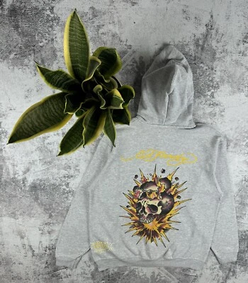 Ed Hardy Christian Audigier Skulls Heart Y2K Big Logo 印花拉链连帽衫套衫 — 第 1/4 张图片