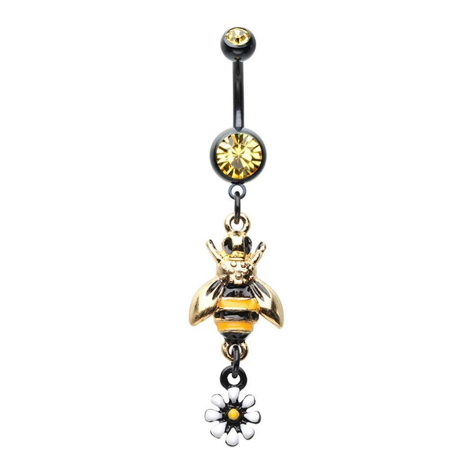 Buzz Off Bumble Bee Gem Belly Ring Daisy Body Black Yellow CZ Gem Gold Flower - Image 1 of 1