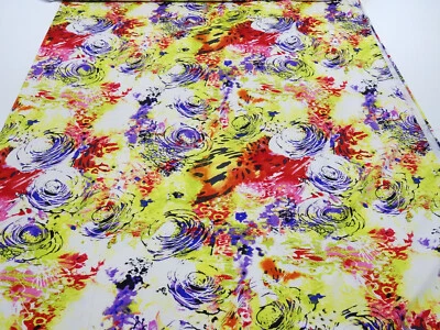 Stoff Viskose Jersey Abstrakt Kreise Design gelb-grün rot lila bunt Kleiderstoff - Bild 1 von 4
