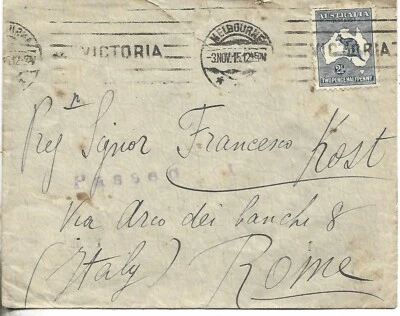 AUSTRALIA 1915 2 1/2 CANGURO AISLADO EN CUBIERTA DE MELBOURNE A ROMA Foto 1 de 2