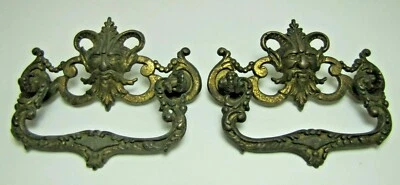 19c HORNED DEVILS HEAD Par Bronze Artes Decorativas Hardware Puxadores Alças - Imagem 1 de 4