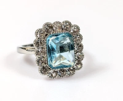 Blue Aquamarine Sterling Silver 925 Rhinestone Edwardian Cocktail Ring Sz 7 - Image 1 of 4