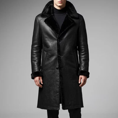 Men’s Genuine Sheep Leather Trench Coat Real Lamb Leather Fur Lined Long Coat - Image 1 of 3