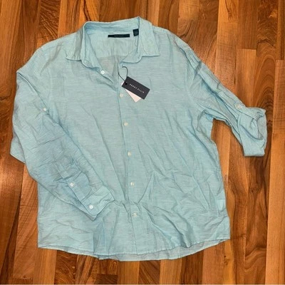 Perry Ellis linen blend aqua button down casual XXL NWT resort wear vacation - Image 1 of 4