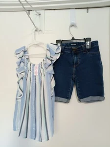 JUSTICE & TRACTOR GIRLS SHORT SET BUTTON ZIP POCKETS SIZE 7/8, 8 - Picture 1 of 5