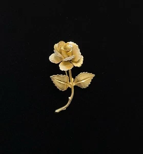 Vintage Estate Gold Tone Long Stemmed Rose Brooch - Picture 1 of 3
