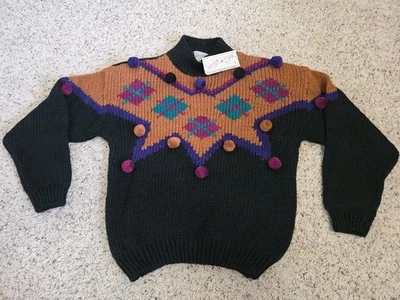 Suéter para mujer Spice Of Life vintage años 80 nuevo con etiquetas talla grande Argyle Poms cuello alto Foto 1 de 4