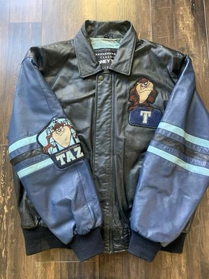 Jaqueta de couro bordada preta vintage 1998 Tasmanian Devil Looney Tunes tamanho LG - Imagem 1 de 4