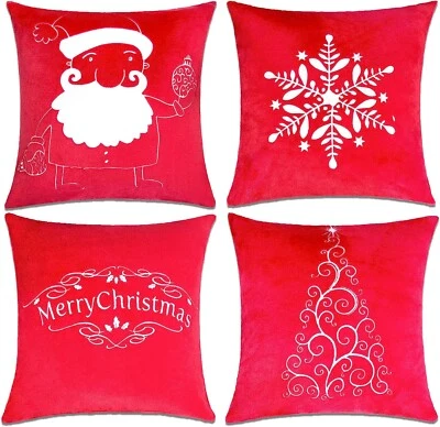 4pcs Velvet Christmas Pillow Covers, Embroided Throw Pillowcase, Red - Image 1 of 4