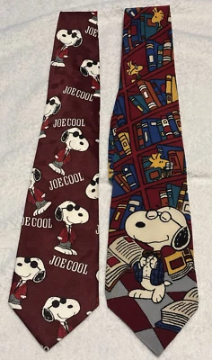 Corbatas Peanuts Snoopy Woodstock 100 % seda Joe Cool and Joe Preppy biblioteca granate Foto 1 de 4